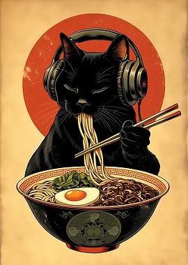 Black Cat Eating Ramen with Headphones