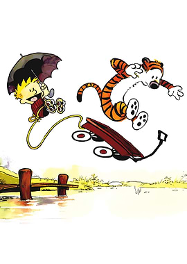 Calvin and Hobbes flying with wagon