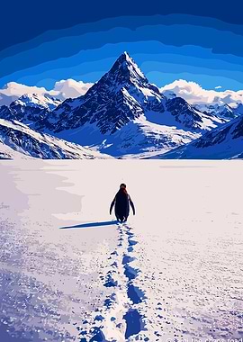 Penguin walks through snowy landscape