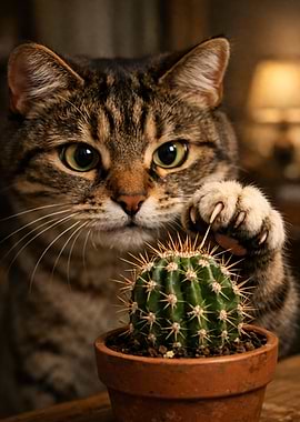 Cat curious about a cactus