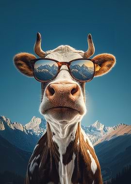 Cow wearing sunglasses in mountains
