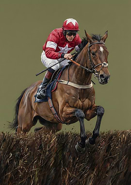 Jockey and Horse Jumping Fence