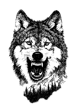 Aggressive Wolf with Mountain Landscape