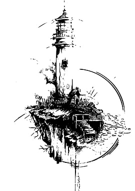 Ink Sketch of a Lighthouse on a Cliff