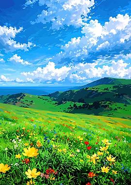 Vibrant Meadow Under a Cloudy Sky