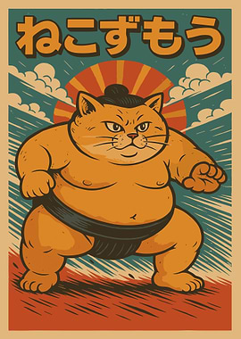 Sumo Cat Poster, Vintage Japanese Cat Print, Retro Martial Arts Wall Art Illustration