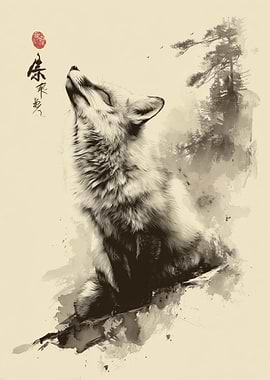 Red Fox Sumi E Style