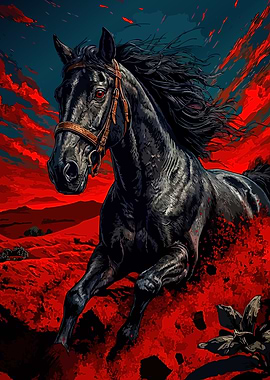 Black Horse Running Through Red Landscape