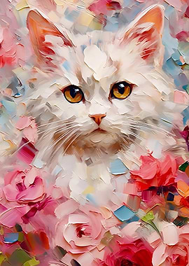 White Cat Among Flowers