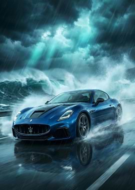 Blue Maserati GranTurismo Folgore Driving Through Stormy Waves
