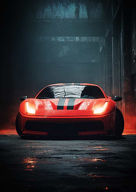 Red Sports Car in Rainy Alley Poster