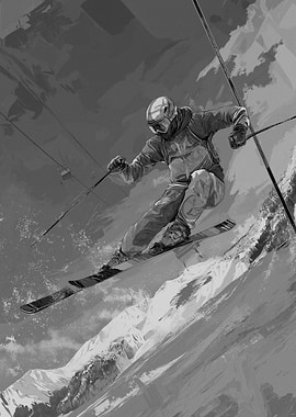 Skier in mid-air over snowy mountains