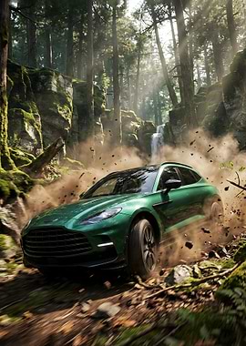 Green Aston Martin DBX 707 Driving Through Forest