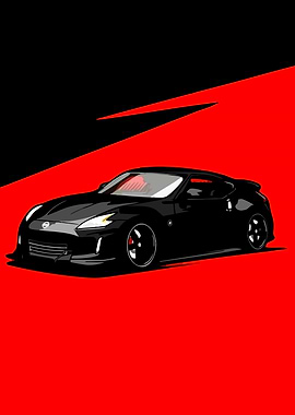 Black Nissan 370Z on Red and Black Background