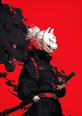 Samurai with Fox Mask and Wolf Spirit