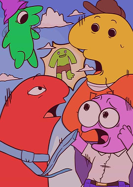 Smiling Friends Cartoon characters in a chaotic scene