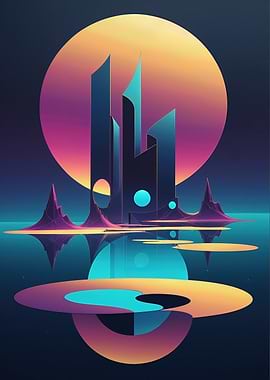 Neon Horizon: Futuristic Geometric Cityscape at Sunset
