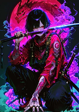 Anime Samurai with Dragon and Katana