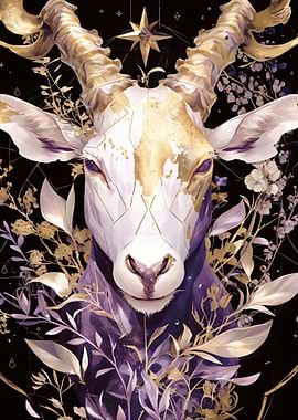 Mystical Goat with Golden Horns and Flowers