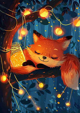 Sleeping Fox with Fairy Lights