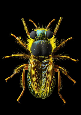Macro photograph of a yellow and blue insect