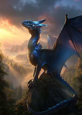 Majestic Blue Dragon Overlooking Valley