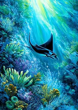 Manta Ray Swimming Through Coral Reef