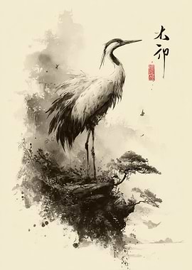 Ink Wash Crane on Cliff