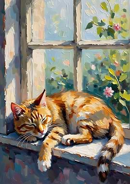 Cat Sleeping on a Window Sill