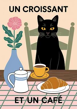 Black Cat with Croissant and Coffee