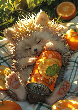 Cute Hedgehog Sleeping with Orange Drink