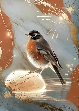 American Robin Perched on a Glowing Stone