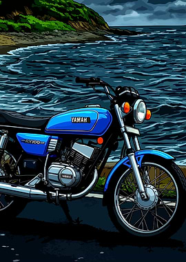 Blue Yamaha RX100 Motorcycle by the Sea