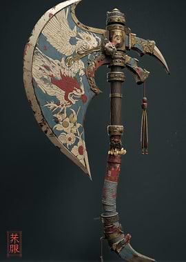 Ornate Dragon and Phoenix Battle Axe