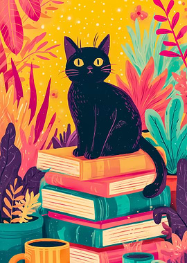 Black Cat on Stack of Books