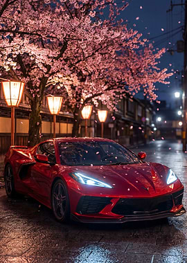 Red Corvette Under Cherry Blossoms