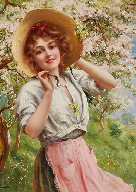 Young Woman in Straw Hat in Bloom