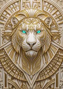 Majestic White Lion with Gold Art Deco Geometry – Luxury Animal Wall Art