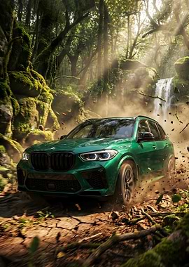 Green BMW X5 M Competition driving through a jungle
