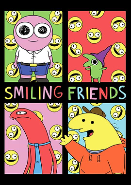 Smiling Friends Poster, Cartoon Character Collage Print, Colorful Animated Wall Art