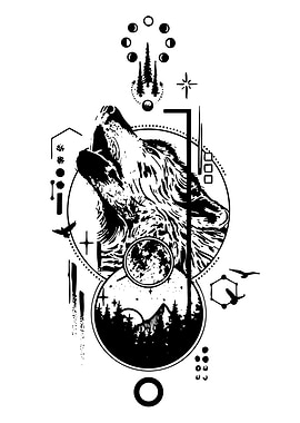 Wolf Howling at Moon Geometric Design