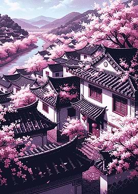 Pixel Art Japanese Village with Cherry Blossoms