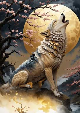 Celestial Wolf: Golden Moon & Cherry Blossoms
