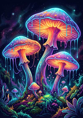 Psychedelic Mushrooms in Cosmic Forest