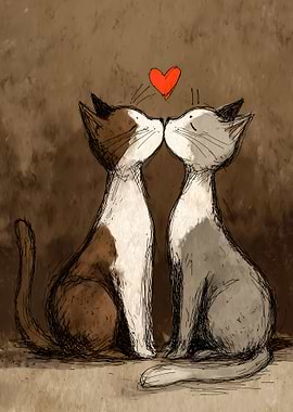 Two Cats Kissing with a Heart