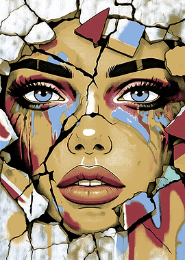 Cracked Face with Colorful Paint Splatters