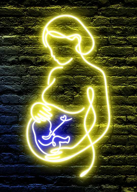Neon Golden Loving Mom Gender Reveal Pregnant Woman with a Blue Male Baby Boy on a dark brick wall background