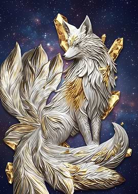 Nine-Tailed Fox with Crystals in Space