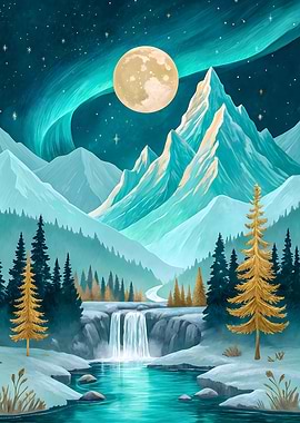 Winter Aurora: Moonlit Snow Mountains, Forest, Waterfall Landscape Scene