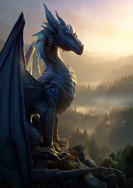Majestic Blue Dragon Overlooking a Misty Valley